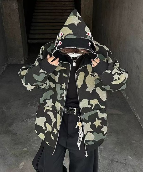 セール】シャークデザイン カモフラ柄 ジップアップパーカー（パーカー
