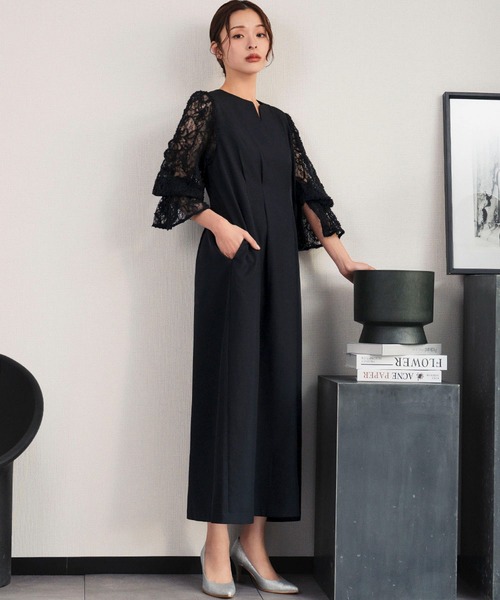 セール】【喪服・礼服】フォーマルワンピース レーススリーブ 長袖 A