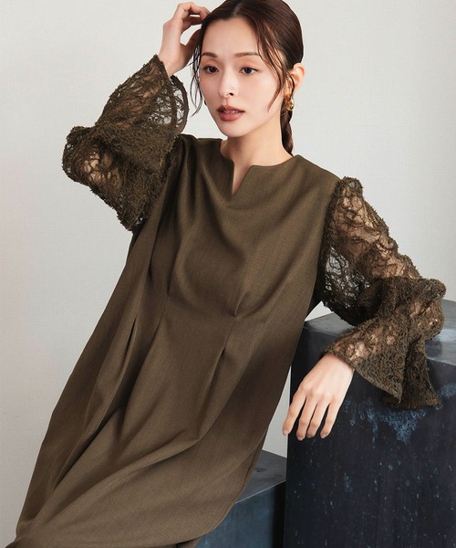 Flolia(フロリア)の「【喪服・礼服】フォーマルワンピース レーススリーブ 長袖 Aライン ロング丈 結婚式 ブラックフォーマル セレモニー 卒業式 卒園式 入学式 入園式 オケージョン 七五三 ママ 母親 マタニティ 妊婦《着用動画あり》(ワンピース・レディース・ネイビー/ブラック/ブラウン・M/S/2L/L)」の10枚目の写真