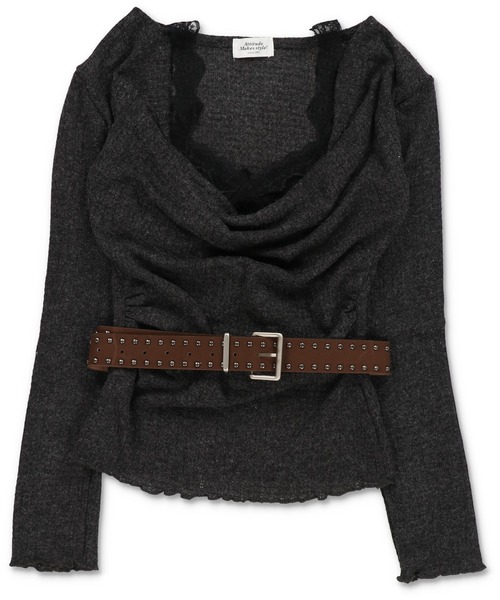 SPINNS（スピンズ）の「ドレープレイヤードで魅せる ベルト付きニュアンストップス（ニット/セーター・レディース・チャコール/アイボリー/グレイッシュベージュ・ONESIZE）」の5枚目の写真