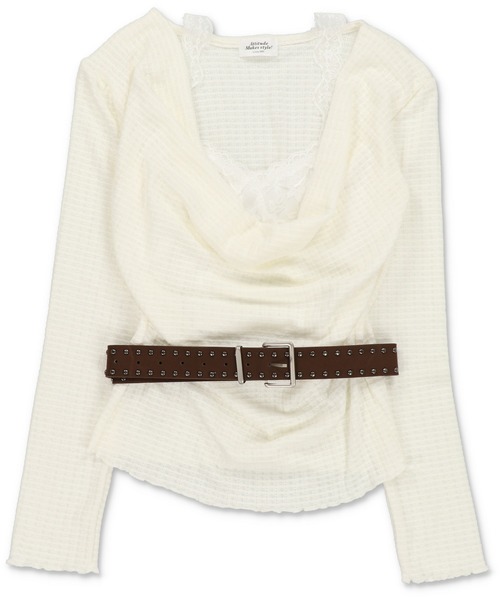 SPINNS（スピンズ）の「ドレープレイヤードで魅せる ベルト付きニュアンストップス（ニット/セーター・レディース・チャコール/アイボリー/グレイッシュベージュ・ONESIZE）」の4枚目の写真