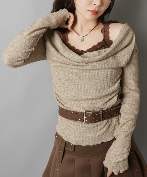 SPINNS（スピンズ）の「ドレープレイヤードで魅せる ベルト付きニュアンストップス（ニット/セーター・レディース・チャコール/アイボリー/グレイッシュベージュ・ONESIZE）」の16枚目の写真