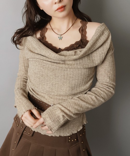 SPINNS（スピンズ）の「ドレープレイヤードで魅せる ベルト付きニュアンストップス（ニット/セーター・レディース・チャコール/アイボリー/グレイッシュベージュ・ONESIZE）」の12枚目の写真