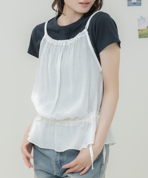 HEILIS(ヘイリス)の「サイドリボンキャミソールトップス / キャミソール キャミトップス レイヤードトップス シアーキャミ リボン サイドリボン ペプラム ギャザー 韓国 韓国ファッション フェミニン ガーリー カジュアル 重ね着 着回し 春服 夏服 秋服 ブラック ホワイト イエロー ブルー 黒 白 黄 水色(キャミソール・レディース・ホワイト/ブルー/イエロー/ブラック・FREE)」の18枚目の写真