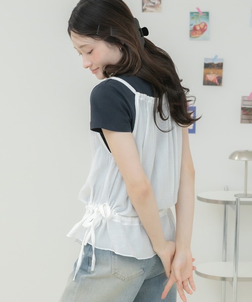 HEILIS(ヘイリス)の「サイドリボンキャミソールトップス / キャミソール キャミトップス レイヤードトップス シアーキャミ リボン サイドリボン ペプラム ギャザー 韓国 韓国ファッション フェミニン ガーリー カジュアル 重ね着 着回し 春服 夏服 秋服 ブラック ホワイト イエロー ブルー 黒 白 黄 水色(キャミソール・レディース・ホワイト/ブルー/イエロー/ブラック・FREE)」の20枚目の写真