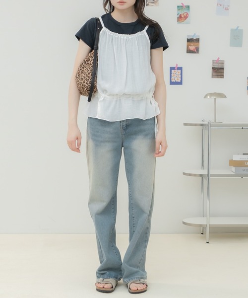 HEILIS(ヘイリス)の「サイドリボンキャミソールトップス / キャミソール キャミトップス レイヤードトップス シアーキャミ リボン サイドリボン ペプラム ギャザー 韓国 韓国ファッション フェミニン ガーリー カジュアル 重ね着 着回し 春服 夏服 秋服 ブラック ホワイト イエロー ブルー 黒 白 黄 水色(キャミソール・レディース・ホワイト/ブルー/イエロー/ブラック・FREE)」の22枚目の写真