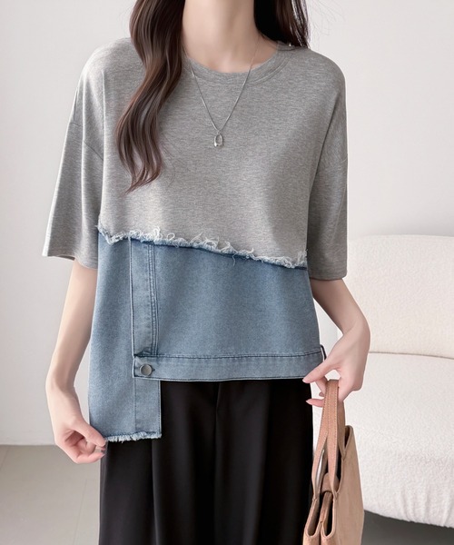 ABITOKYO(アビトーキョー)の「デニムドッキング半袖プルオーバー(Tシャツ/カットソー・レディース・ホワイト/ブラック/グレー・FREE)」の3枚目の写真