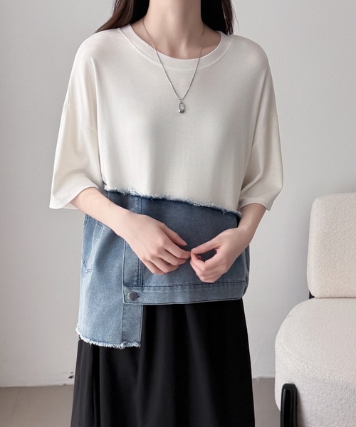ABITOKYO(アビトーキョー)の「デニムドッキング半袖プルオーバー(Tシャツ/カットソー・レディース・ホワイト/ブラック/グレー・FREE)」の18枚目の写真
