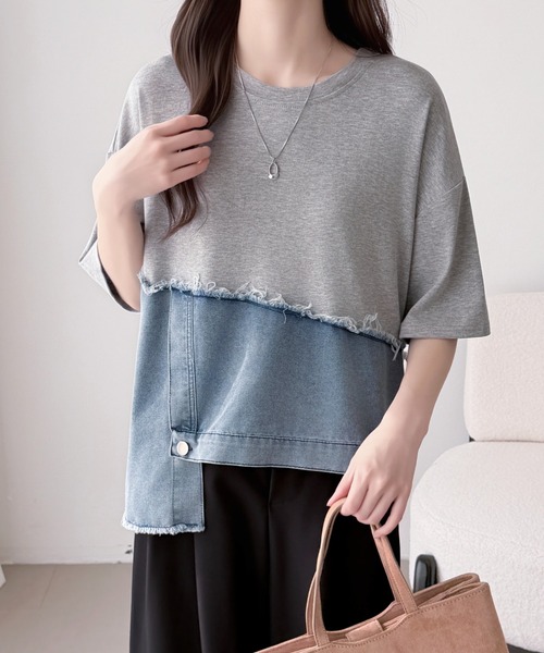 ABITOKYO(アビトーキョー)の「デニムドッキング半袖プルオーバー(Tシャツ/カットソー・レディース・ホワイト/ブラック/グレー・FREE)」の7枚目の写真