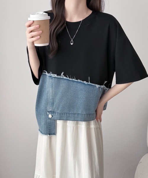 ABITOKYO(アビトーキョー)の「デニムドッキング半袖プルオーバー(Tシャツ/カットソー・レディース・ホワイト/ブラック/グレー・FREE)」の16枚目の写真