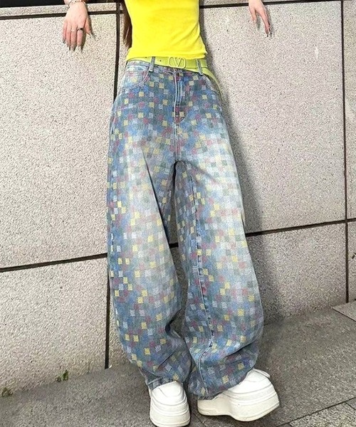 セール】【CANVAS＋】カラフルチェック柄デニムパンツ（デニムパンツ