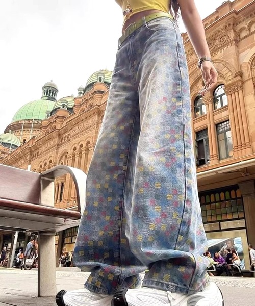 セール】【CANVAS＋】カラフルチェック柄デニムパンツ（デニムパンツ