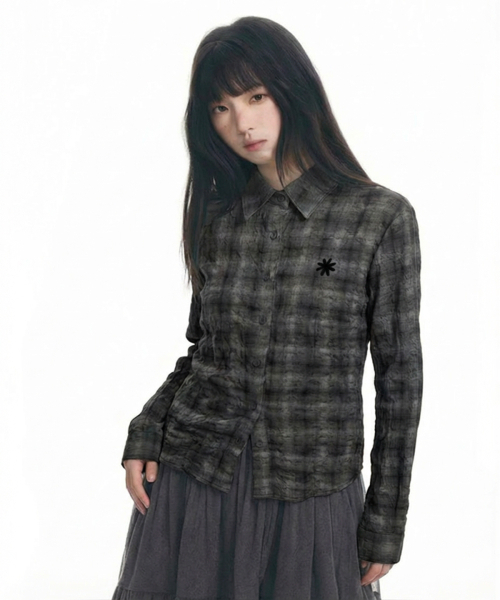 シアサーカーグランジスパンチェックシャツ_ブラック