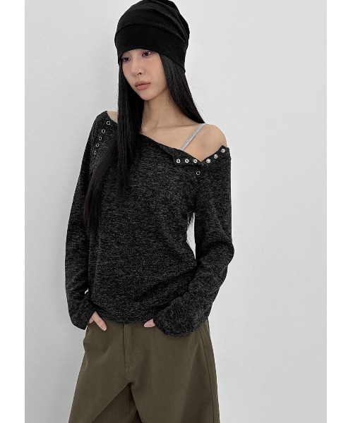 BLACKUP（ブラックアップ）の「[MADE] ミックスカラーボタンオフショルニットT（Tシャツ/カットソー・レディース・グレー/チャコール・FREE）」の5枚目の写真