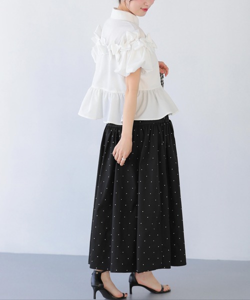 【新品】fitmore ドット刺繍ギャザースカート ブラック ショート丈 ドット刺繍ギャザースカート（スカート）｜Fit more（フィットモア）の