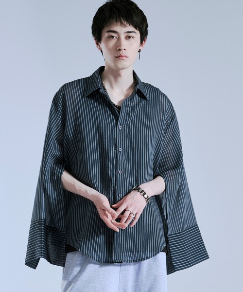 Ellno Loset(エルノロゼット)の「ストライプシアーアームスリットシャツ(シャツ/ブラウス・メンズ・オフホワイト/ブラック/ダークブルー・MEDIUM/SMALL/LARGE)」の17枚目の写真