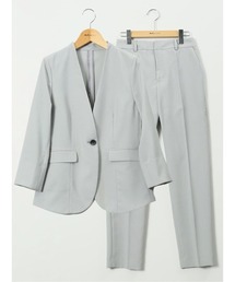 m.f.editorial（エムエフエディトリアル）の「＊【ストレッチ ウォッシャブル】m.f.エディトリアル レディース カラーレス 7分袖 ジャケット＋テーパードパンツ ビジネス セットアップ スーツ ピンヘッドライトグレー（スーツセット）」