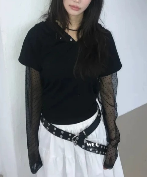 Lis ardent(リスアルダン)の「春夏新作レイヤード風カットソー/シアー袖切り替えフード付きTシャツ(Tシャツ/カットソー・レディース・ホワイト/グレー/ブラック・M)」の4枚目の写真