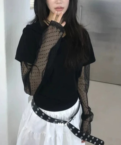 Lis ardent(リスアルダン)の「春夏新作レイヤード風カットソー/シアー袖切り替えフード付きTシャツ(Tシャツ/カットソー・レディース・ホワイト/グレー/ブラック・M)」の5枚目の写真