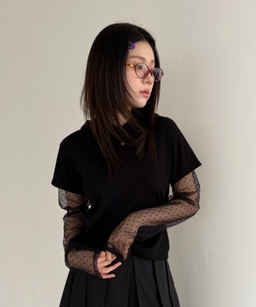 Lis ardent(リスアルダン)の「春夏新作レイヤード風カットソー/シアー袖切り替えフード付きTシャツ(Tシャツ/カットソー・レディース・ホワイト/グレー/ブラック・M)」の15枚目の写真