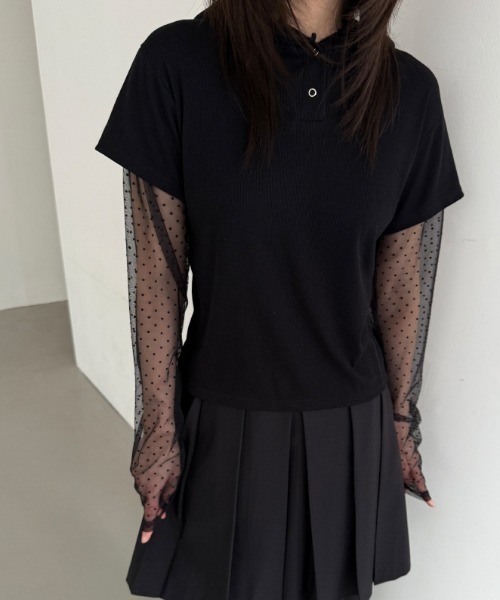 Lis ardent(リスアルダン)の「春夏新作レイヤード風カットソー/シアー袖切り替えフード付きTシャツ(Tシャツ/カットソー・レディース・ホワイト/グレー/ブラック・M)」の9枚目の写真