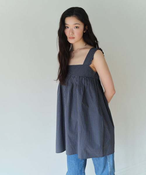 HOMEBODY THINGS（ホームバディ ティングズ）の「Shirring Check OPS (NAVY)（ワンピース・レディース・その他・F）」の2枚目の写真