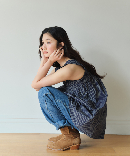 HOMEBODY THINGS（ホームバディ ティングズ）の「Shirring Check OPS (NAVY)（ワンピース・レディース・その他・F）」の4枚目の写真