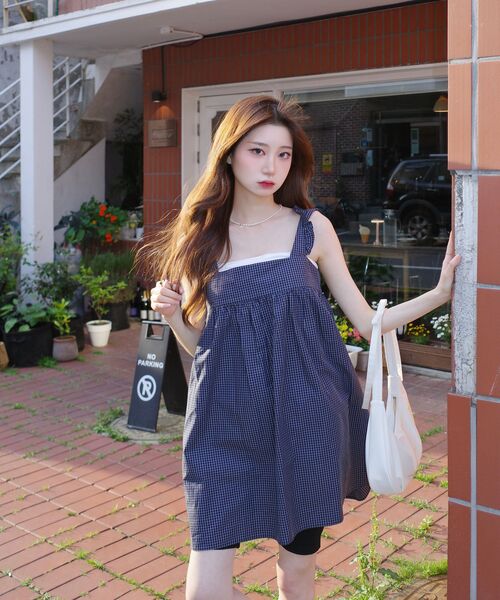 HOMEBODY THINGS（ホームバディ ティングズ）の「Shirring Check OPS (NAVY)（ワンピース・レディース・その他・F）」の6枚目の写真
