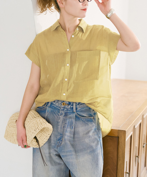 Spick & Span（スピックアンドスパン）の「《セットアップ可 / 》ラミーブレンドフレンチスリーブシャツ（シャツ/ブラウス・レディース・イエロー/ベージュ系その他/ブラウン・FREE）」の3枚目の写真