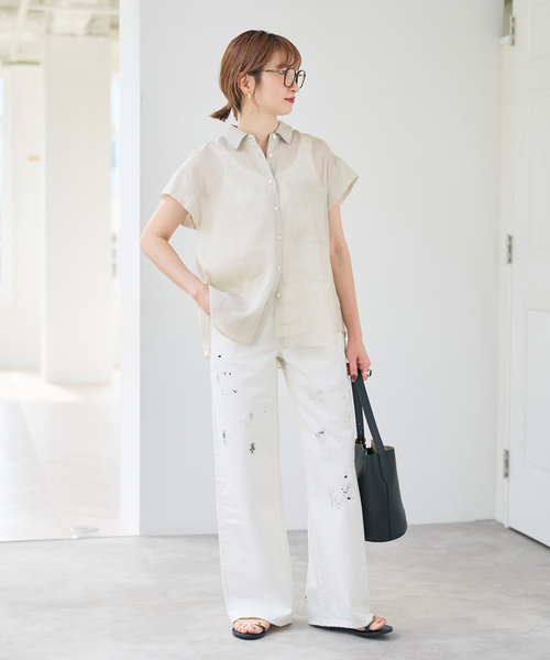 Spick & Span(スピックアンドスパン)の「《セットアップ可》ラミーブレンドフレンチスリーブシャツ(シャツ/ブラウス・レディース・イエロー/ベージュ系その他/ブラウン・FREE)」の15枚目の写真