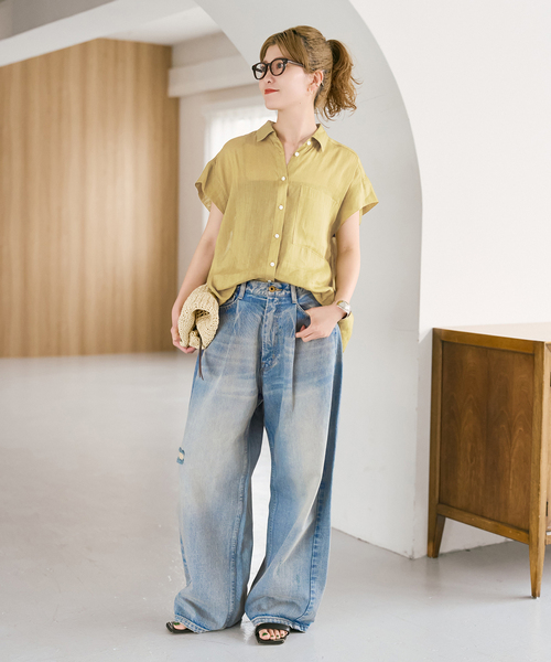 Spick & Span(スピックアンドスパン)の「《セットアップ可》ラミーブレンドフレンチスリーブシャツ(シャツ/ブラウス・レディース・イエロー/ベージュ系その他/ブラウン・FREE)」の16枚目の写真
