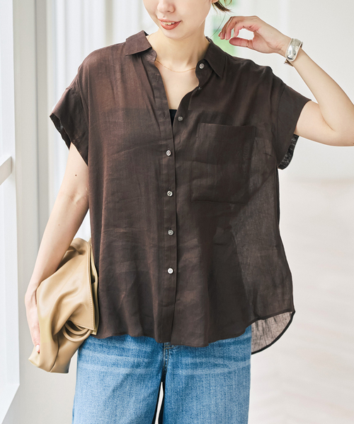 Spick & Span(スピックアンドスパン)の「《セットアップ可》ラミーブレンドフレンチスリーブシャツ(シャツ/ブラウス・レディース・イエロー/ベージュ系その他/ブラウン・FREE)」の19枚目の写真