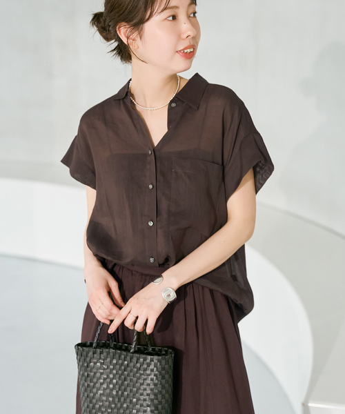 Spick & Span(スピックアンドスパン)の「《セットアップ可》ラミーブレンドフレンチスリーブシャツ(シャツ/ブラウス・レディース・イエロー/ベージュ系その他/ブラウン・FREE)」の22枚目の写真