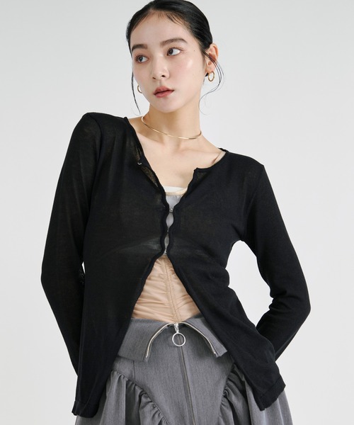 Ezick(エジック)の「【UVCUT】sheer hook cardigan シアーカーディガン(カーディガン/ボレロ・レディース・ブラック/オフホワイト・FREE)」の2枚目の写真