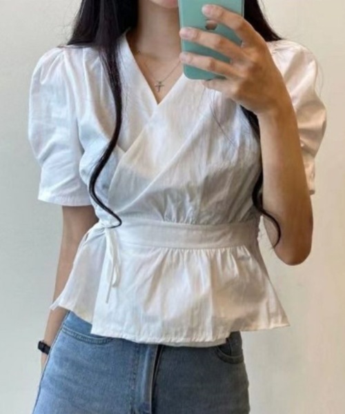 Teem Store(チームストア)の「ウエストマークカシュクールVネックブラウス(シャツ/ブラウス・レディース・ホワイト/ブラウン/ブルー・M/S)」の22枚目の写真