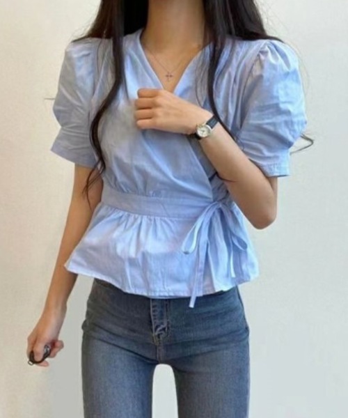Teem Store(チームストア)の「ウエストマークカシュクールVネックブラウス(シャツ/ブラウス・レディース・ホワイト/ブラウン/ブルー・M/S)」の15枚目の写真