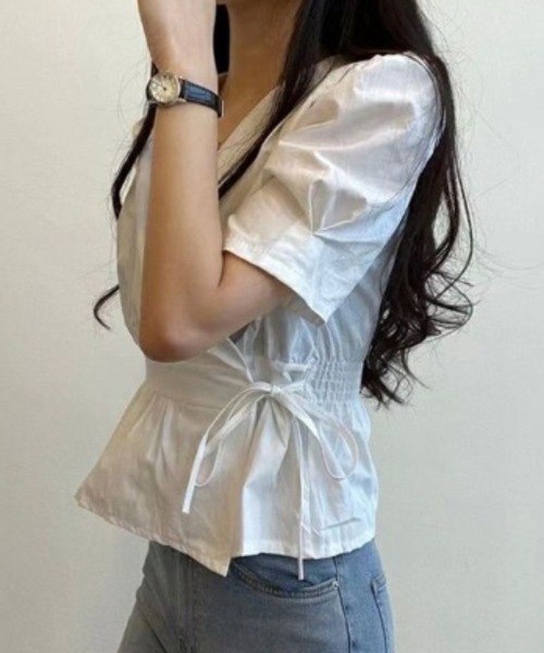 Teem Store(チームストア)の「ウエストマークカシュクールVネックブラウス(シャツ/ブラウス・レディース・ホワイト/ブラウン/ブルー・M/S)」の4枚目の写真