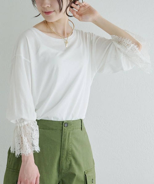 PUAL CE CIN（ピュアルセシン）の「レースカフカットソー（Tシャツ/カットソー・レディース・ブラック/オフホワイト・FREE）」の3枚目の写真