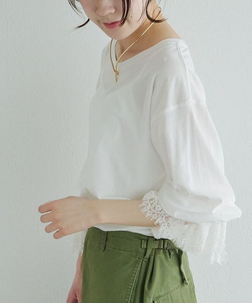 PUAL CE CIN（ピュアルセシン）の「レースカフカットソー（Tシャツ/カットソー・レディース・ブラック/オフホワイト・FREE）」の4枚目の写真