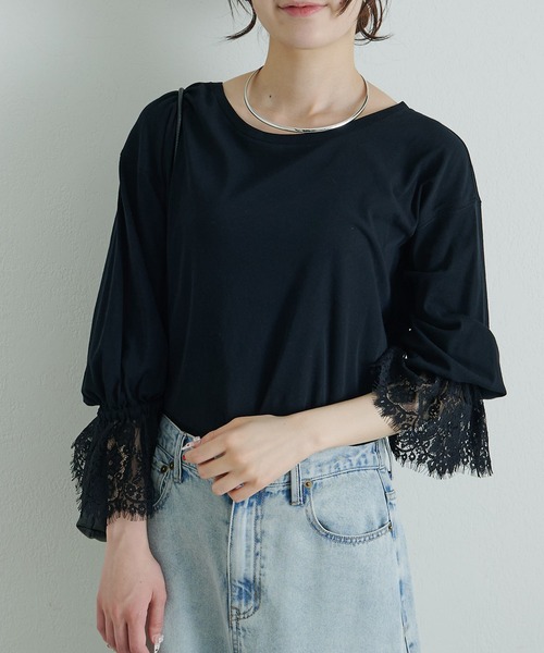 PUAL CE CIN（ピュアルセシン）の「レースカフカットソー（Tシャツ/カットソー・レディース・ブラック/オフホワイト・FREE）」の10枚目の写真