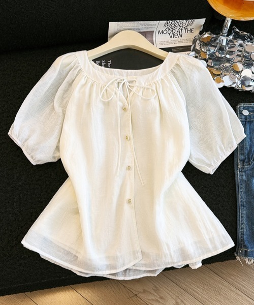 LUCPY(ラクピー)の「リボンネックペプラムブラウス(シャツ/ブラウス・レディース・ブルー/ホワイト・X-LARGE/LARGE/MEDIUM/SMALL)」の1枚目の写真