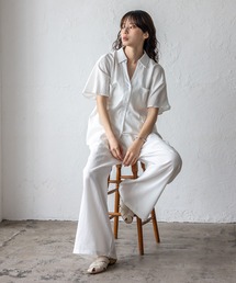 No Rule No Line（ノール－ルノーライン）の「ウエストリボン付きセットアップ 半袖 ワイドパンツ リラックス 春服（セットアップ）」