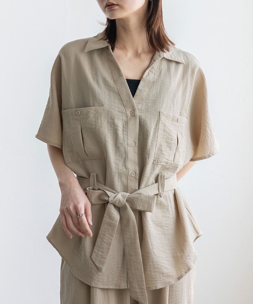 No Rule No Line（ノール－ルノーライン）の「ウエストリボン付きセットアップ シングル 半袖 ワイドパンツ リラックス リネンライク 夏服 無地（セットアップ・レディース・ベージュ/ホワイト/ネイビー・FREE）」の19枚目の写真