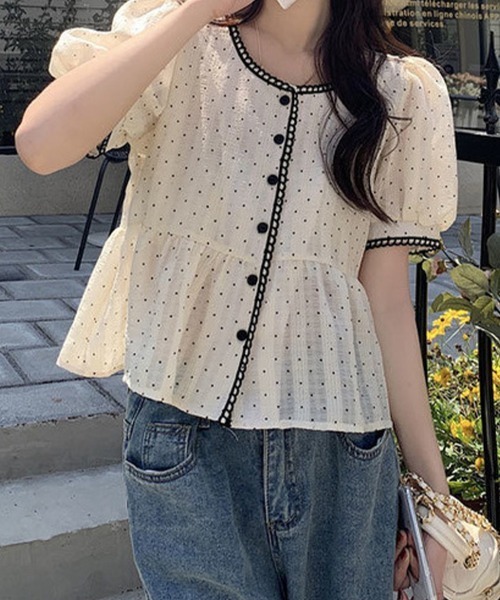 mielu(ミエル)の「ドット柄バイカラーチュニック(シャツ/ブラウス・レディース・ホワイト・MEDIUM/LARGE)」の3枚目の写真