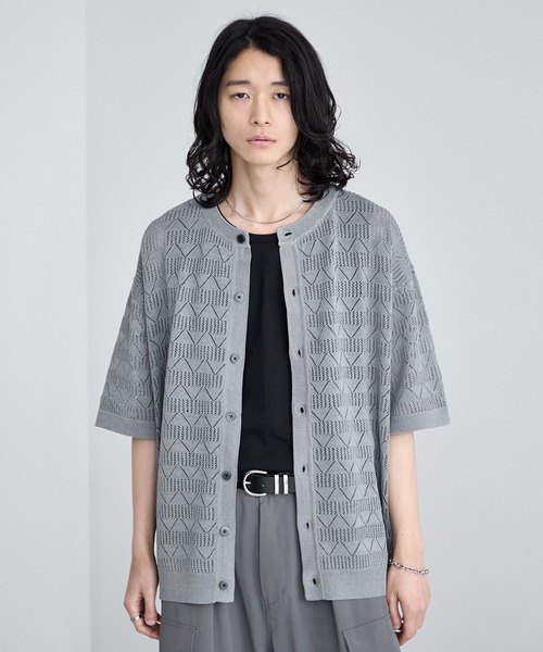 RAGEBLUE(レイジブルー)の「Lace Knitting Knit Crew Cardigan / 透かし編み/ニットクルーカーディガン(カーディガン/ボレロ・メンズ・ブラック/ライトグレー/ライトブルー・MEDIUM/LARGE)」の1枚目の写真