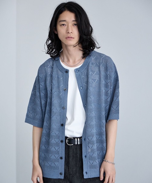RAGEBLUE(レイジブルー)の「Lace Knitting Knit Crew Cardigan / 透かし編み/ニットクルーカーディガン(カーディガン/ボレロ・メンズ・ブラック/ライトグレー/ライトブルー・MEDIUM/LARGE)」の3枚目の写真