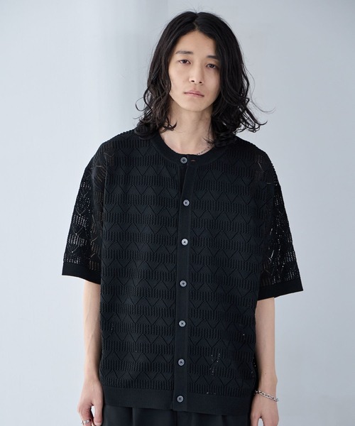 RAGEBLUE(レイジブルー)の「Lace Knitting Knit Crew Cardigan / 透かし編み/ニットクルーカーディガン(カーディガン/ボレロ・メンズ・ブラック/ライトグレー/ライトブルー・MEDIUM/LARGE)」の2枚目の写真