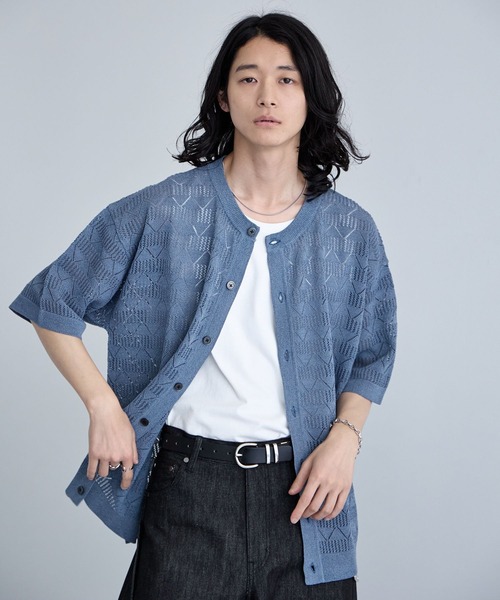 RAGEBLUE(レイジブルー)の「Lace Knitting Knit Crew Cardigan / 透かし編み/ニットクルーカーディガン(カーディガン/ボレロ・メンズ・ブラック/ライトグレー/ライトブルー・MEDIUM/LARGE)」の14枚目の写真