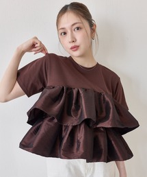 【1枚で華やぐ主役トップス】ナイロンドッキングフリルTシャツ