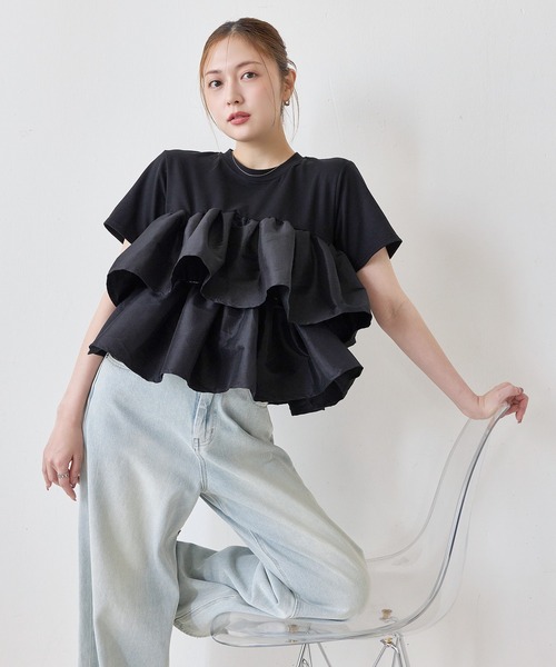Drawer - borders at balcony＊ポップアップ限定 ポケットフリルTシャツ セール】【1枚で華やぐ主役トップス】ナイロンドッキングフリルTシャツ